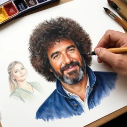 pov image of hand painting a bob ross art, accurate!! highly detailed. realistic. by artgerm and magali villanueve and michael whelan, artstation, 4 k