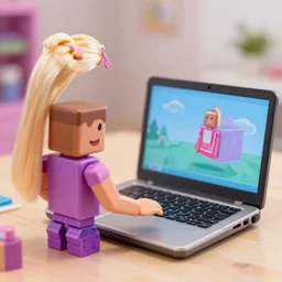 photo of a real life barbie playing roblox on shes laptop, 4k