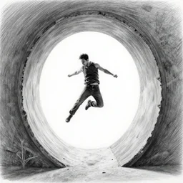 a hyper realistic black and white pencil drawing of a man jumping through a mysterious portal