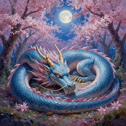 a beautiful painting of a huge sleeping dragon in a cherry blossom forest, volumetric lighting, moonlit by greg rutkowski and kalin popov, trending on artstation, masterpiece,