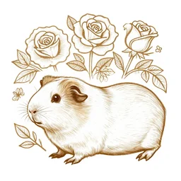 detailed etching line art stencil, flowers and roses, side view of guinea pig