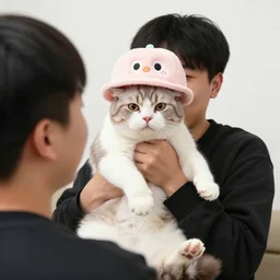 a photo of a guy grabbing a cat with a funny hat, 4k