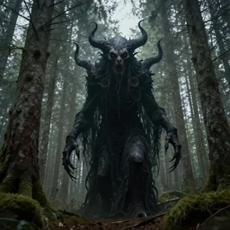 dark eldritch monster in a swedish forest, very low angle photograph, very detailed, trending on artstation, hyperrealistic, soft colors, simon stålenhag, lovecraft, horror