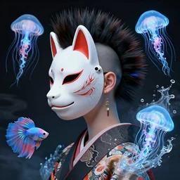 3 d coherent goddess close - up profile portrait punk with mohawk with ram skull. beautiful intricately detailed japanese crow kitsune mask and clasical japanese kimono. betta fish, jellyfish phoenix, bio luminescent, plasma, ice, water, wind, creature, artwork by tooth wu and wlop and beeple and greg rutkowski