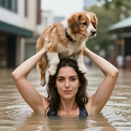 closeup portrait of a woman carrying a dog over her head in a flood in Rundle Mall in Adelaide in South Australia, photograph, natural light, sharp, detailed face, magazine, press, photo, Steve McCurry, David Lazar, Canon, Nikon, focus