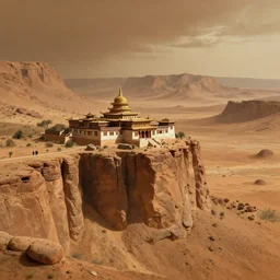 Buddhist monastery on Mars, nestled in a Martian!! cliffside, wide shot, cinematic, epic, mountain range, volumetric, detailed, concept artwork by Thomas Cole and Tim Hildebrandt