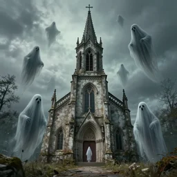 Ghosts circling an old forgotten church, photorealistic, by Noah Bradley, Darek Zabrocki,, James Paick, Natasha Tan, highly detailed, ultra detailed, ultra realistic, trending on artstation