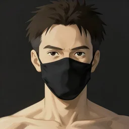 white man with black fabric mask, short dark hair, true anatomy!, digital painting, art by hayao miyazaki