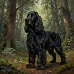 black english cocker spaniel in a forest by artstation, deviantart, artspace, artspan, artslant, etsy, pixiv, artfol, behance, instagram, artbox, artube, artstar, artsy, minted, beeple, artgerm, surrealism, hyperrealism, symbolism, masterpiece, award - winning intricate 4 k