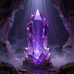 luminous punisher symbol deep purple crystal growing in a cave with smoke and light rays.