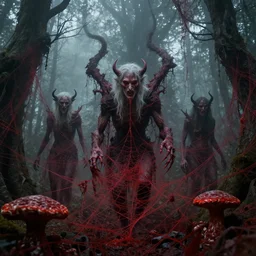 elder demons from the abyss in a misty forest, red webs and fungus, trail camera, by emil melmoth, by rozalski, cinematic, detailed, intricate