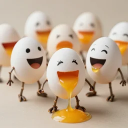 eggs with happy faces on them. they have arms and legs made of twigs. yolk is pouring out of their snout. they had a hearty laugh. boogers are coming out of their noise.