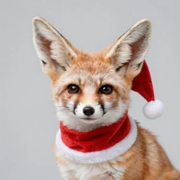 a close up, studio colour photograph of a fennec fox wearing a santa hat, dramatic backlighting at golden hour, wide angle 15mm lens, silly cartoon, pixar