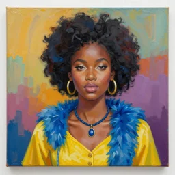 portrait of beautiful black female with afro wearing yellow top with blue fur and necklace, colorful background oil and acrylic painting on canvas