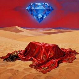 Silk sheet desert ecstasy Bedouin under crimson azure diamond sky, in the style of Frank Frazetta, Jeff Easley, Caravaggio, extremely clear and coherent, clear lines, 8K revolution