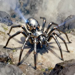 concept art of a spider in robot, pinterest, artstation trending, behance, watercolor, by coby whitmore, silver, laser light,