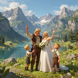 An epic fantasy style landscape painting of a Mountainrange and a lake, with A family consisting of a blond man with a beard, a blond wife and two blond boys celebrating their wedding, unreal 5, DAZ, hyperrealistic, octane render, dynamic lighting