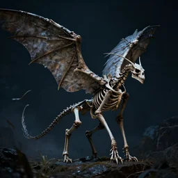skeleton of a mysterious fantasy winged creature at night, 4 k, photorealistic