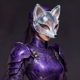 female ninja assassin in amethyst japanese body armor wearing a translucent fox mask made of glass trending on artstation, intricate, elegant, highly detailed, digital painting, artstation, concept art, smooth, sharp focus, illustration, art by anders zorn, wonderful masterpiece by greg rutkowski, beautiful cinematic light, american romanticism by greg manchess, jessica rossier and norman rockwell