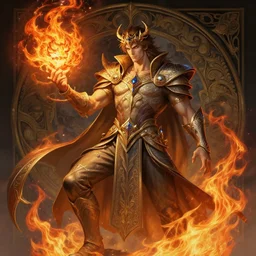powerful summoner with a fire elemental, fantasy, man, intricate, elegant, highly detailed, digital painting, artstation, concept art, wallpaper, smooth, sharp focus, illustration, art by artgerm and greg rutkowski and alphonse mucha