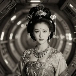 closeup photo of beautiful sexy  Chinese ancient princess standing in the tunel in the space ship segment, ornamental jewelry and ancient sexy clothes, futuristic space ship interrior, wires with lights,depth of field, lens flare, moody lighting, moody photography, vintage old photo, black and white, sepia, cinematic lighting, cinematic angle, editorial photography