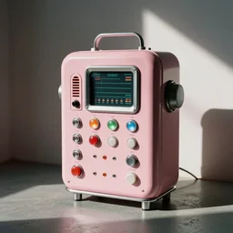 a high fidelity film photograph of an anthropomorphic object of unknown origin. pastel pink, chrome, led, buttons, switches, display, kitsch.