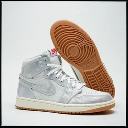 a studio photoshoot of Nike Off-white Jordan 1 sneakers designed by Virgil Abloh, transparent knitted mesh material, gum rubber outsole, realistic, color film photography by Tlyer Mitchell, 35 mm, Graflex