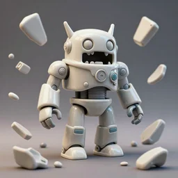 dissection of crazy ceramic miniature toy Figure Robot scientist monster 8K, zbrush, c4d, in a Studio hollow, surrounded by flying parts, from avengers
