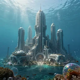 professional photo of giant scifi city under bubbles in the sea, ultra detailed, realistic, photorealistic, wide-angle, 8k