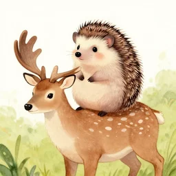a drawing of a cute little hedgehog sitting on top of a deer deer deer deer, a storybook illustration by suzy rice, trending on deviantart, furry art, storybook illustration, watercolor, official art