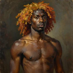 a full body oil painting illustration of an African samurai with reddish golden hair, by Alphonse Mucha and Jacob Lawrence and Kehinde Wiley with face and body clearly visible, visible pupils, forgotten realms, high quality, sombre mood, muted colours, no crop, entire character.