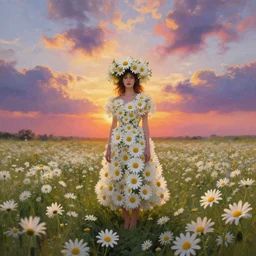 crown made of giant daisy flowers, full body girl standing in a flower field, surreal photography, sunrise, dramatic light, impressionist painting, colorful clouds, digital painting, artstation, simon stalenhag
