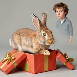 rabbit coming out of a gift box in the style of laura watson and nate fakes