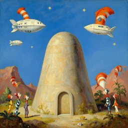 naples necropolis in the style of dr. seuss, starships, painting by thomas cole