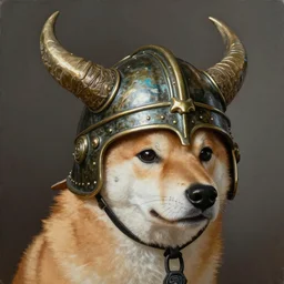 detailed photorealistic painting of dog shiba inu wearing a highly detailed ornamented bronze classic viking helmet with two horns, sharp focus in the style of ruan jia, Mandy jurgens, cinematic light, concept art, trending on artstation, ultra realistic