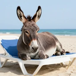 A donkey lying on a sunbed near the beach, photorealistic