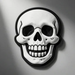 a black and white retro minimalistic laughing skull with a wide smile patch