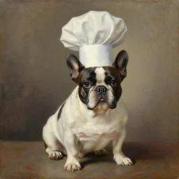 old oil painting of a french bulldog chef