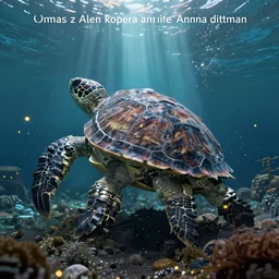 a stunning ultra detailed underwater fantasy fine art photo of a giant robotic turtle, surrounded by fireflies, by tomasz alen kopera and anna dittman, crepuscular rays, very detailed, back view, deep depth of field, 5 0 mm lens, soft lighting, artstation, highly coherent, 8 k