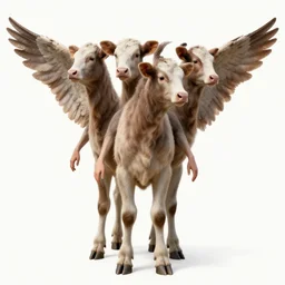 a living being that looks human, except that it has four faces and four wings. its legs were straight, and their feet had hooves like those of a calf, under each of their four wings is human hands, ultrarealistic