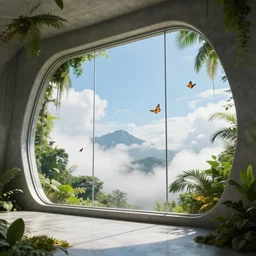 looked at big window, architectural, cloud forest, tropical, birds and butterflies, mountains in background, sunny day time, clear sky, futuristic, ultra realistic, ultra detailed, cinematic light, anamorphic