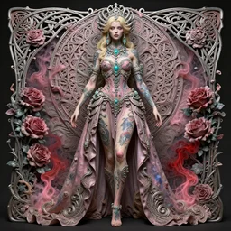 blonde girl in a cosmic dress, full-body tattoos, ornate, rococo, grotesque, zbrush art, majestic, organics, silver filigree, colorful, dark fantasy, celtic knot, anatomical, h r giger style, moebius, frank frazetta, ornate, art nouveau, symmetrical, turquoise jewelry, red smoke, roses, unbiased render, rotten, Emil melmoth, eerie, macabre, haunting + insanely detailed and intricate, floral, faded pink, hypermaximalist, elegant, vintage, hyper realistic, super detailed, pastel colors,