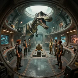 Jurassic spaceship interior, kim jung gi style, Greg Rutkowski, Zabrocki, Karlkka, Jayison Devadas, trending on Artstation, 8K, ultra wide angle, zenith view, pincushion lens effect