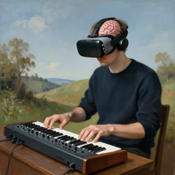 man with vr glasses wearing brain - interface plays a modular synthesizer. painted by hieronymus bosch, eric lacombe.