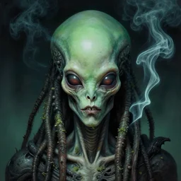 close up sci - fi cosmic horror art simon stalenhag alien dreadlocks, smoke green weed skin, elegant, highly detailed, centered, digital painting, concept art, smooth, sharp focus, illustration, artgerm, tomasz alen kopera, peter mohrbacher, donato giancola, joseph christian leyendecker, wlop, frank frazetta