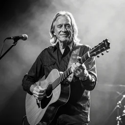 willie nelson on stage, four fingers holding guitar. god rays through fog. black and white photo