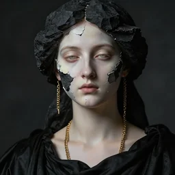 hyperrealism close - up mythological portrait of a beautiful medieval woman's shattered face blended with black rocks in style of classicism, gold chains around the neck, pale skin, ivory make up on the eyes, wearing black silk robe, dark and dull palette