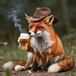 a polygamous fox with a hat drinking beer and smoking e - cigarette