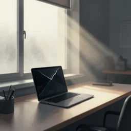 editorial illustration by karolis strautniekas and mads berg, office interior, laptop with a broken screen, near a window window, fog, fine texture, detailed, muted colors, dramatic lighting, dynamic composition, vivid, matte print, wide angle, ( ( sunbeams ) ), moody