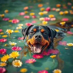 a beautiful rottweiler dog swimming in a pool of flowers